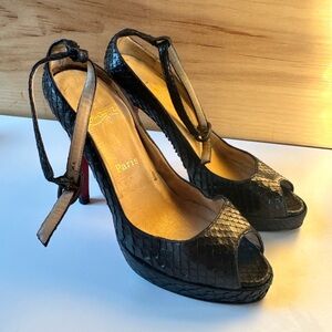 Christian Louboutin Black Snakeskin Peep-Toe Heels 37